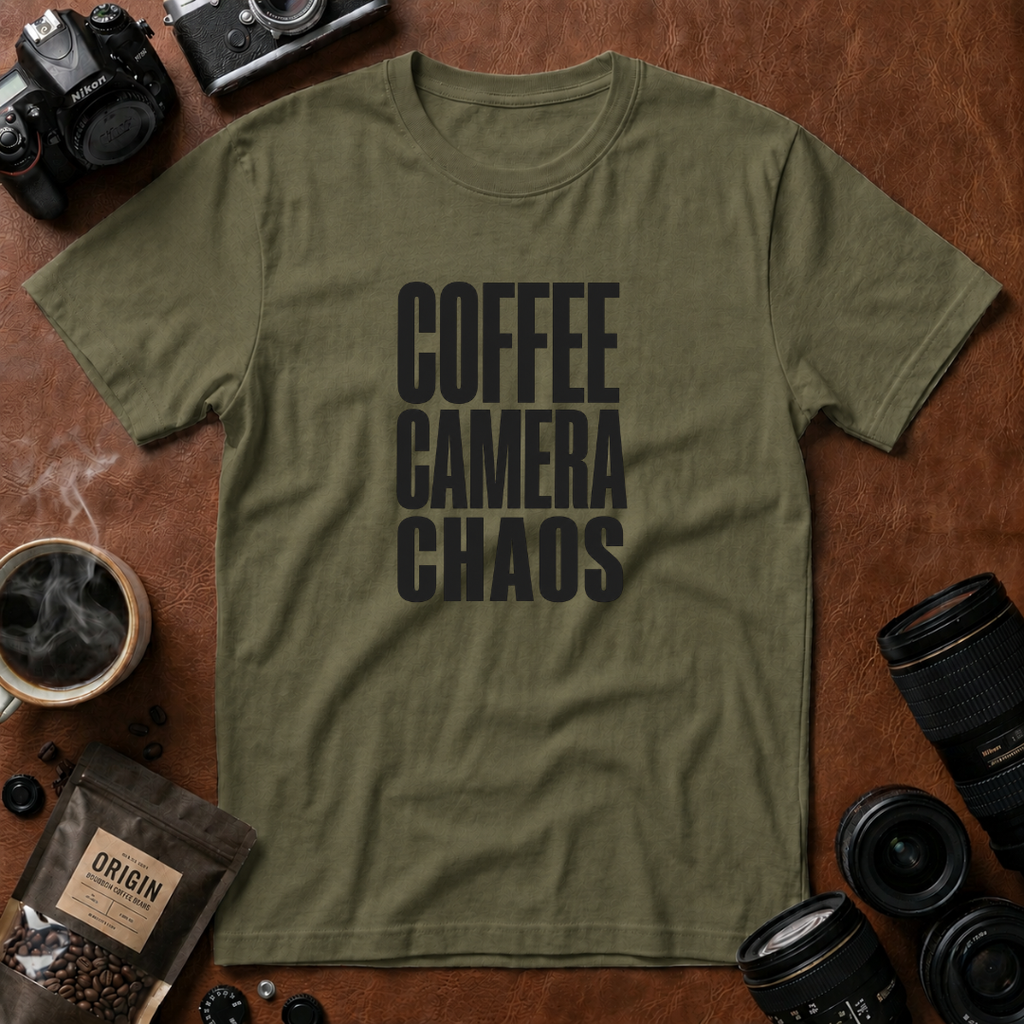 Coffee, Camera, Chaos T-shirt