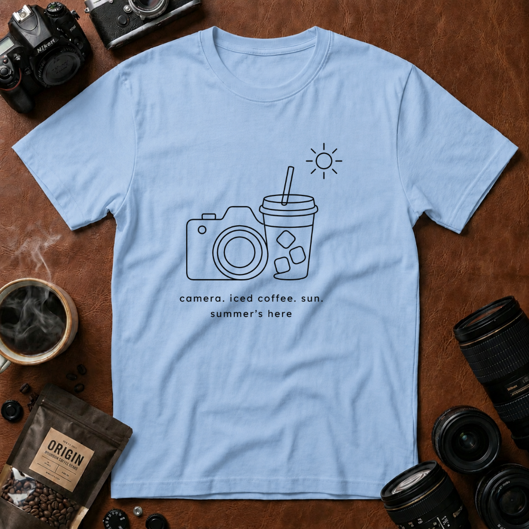 Camera, Iced Coffee, Sun. Summer’s Here T-shirt