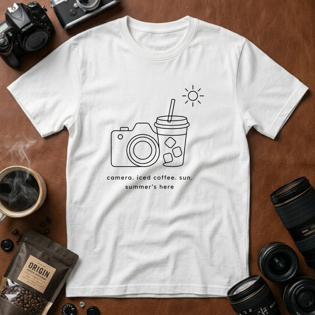 Camera, Iced Coffee, Sun. Summer’s Here T-shirt