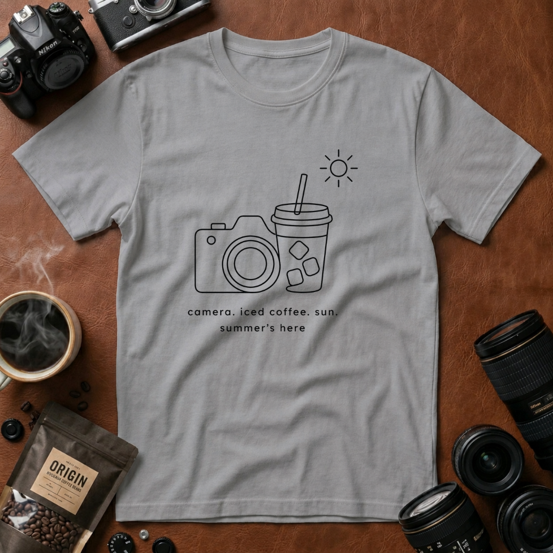 Camera, Iced Coffee, Sun. Summer’s Here T-shirt