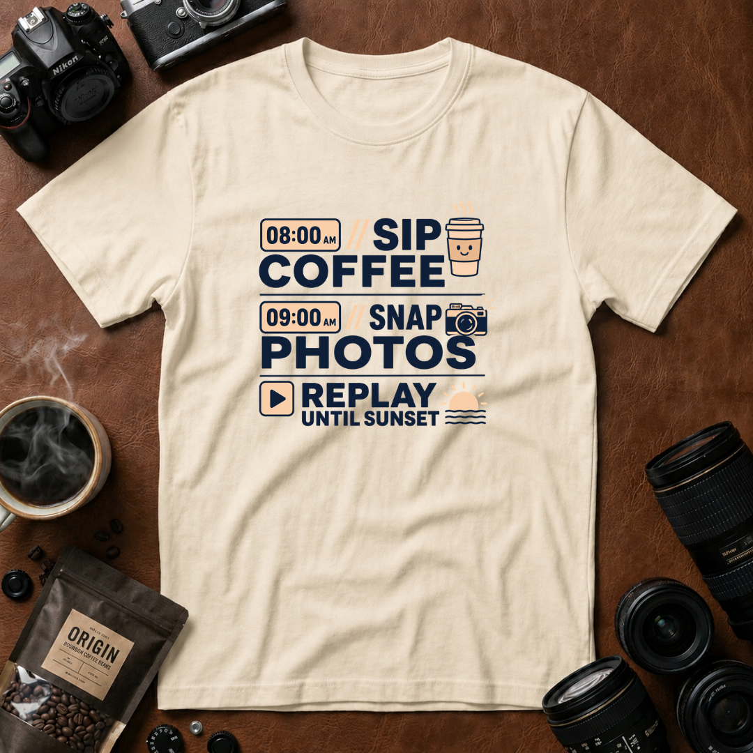 Sip Coffee Snap Photos Replay Until Sunset T-shirt
