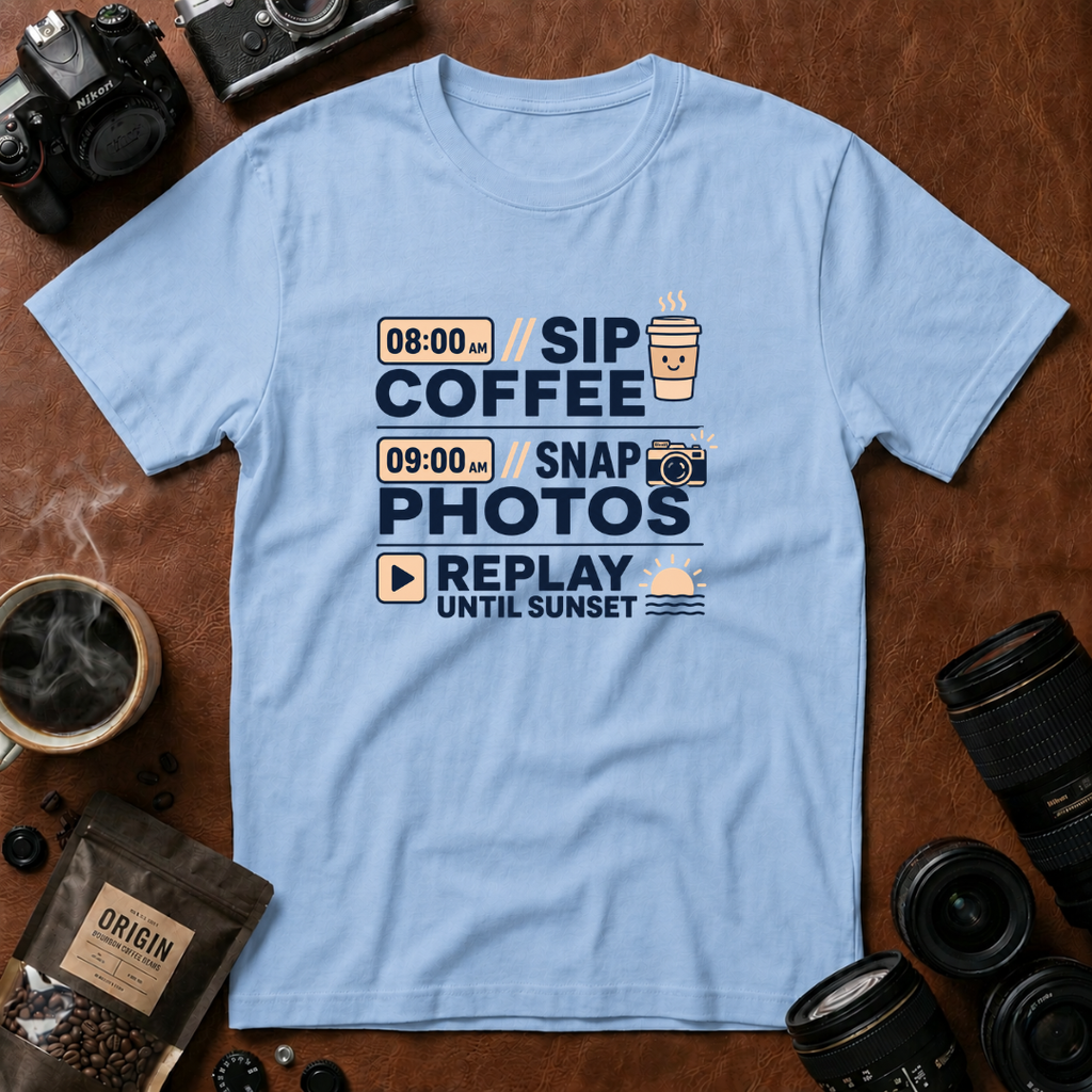 Sip Coffee Snap Photos Replay Until Sunset T-shirt