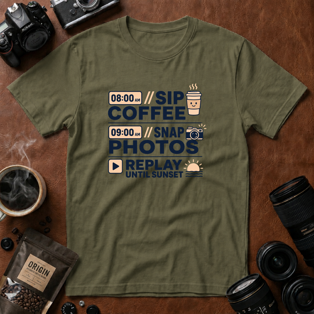 Sip Coffee Snap Photos Replay Until Sunset T-shirt