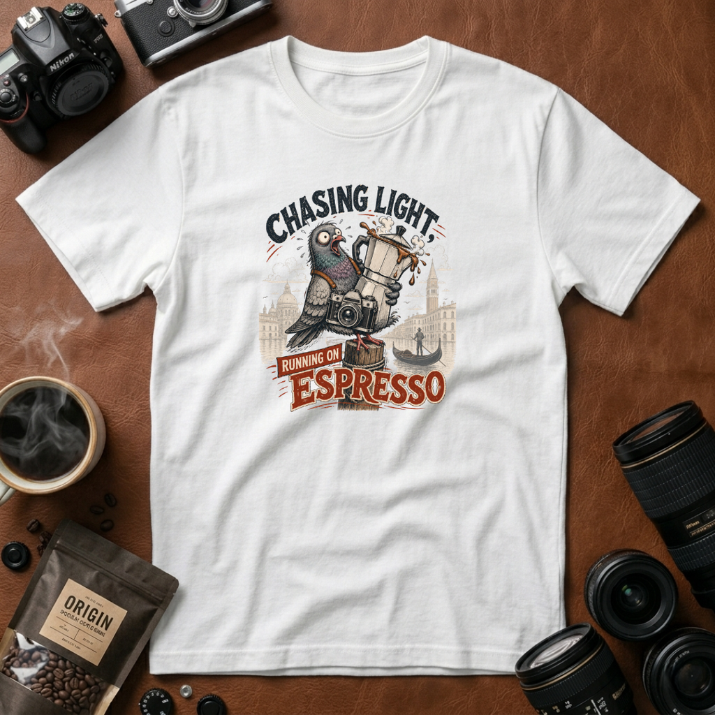 Chasing Light Running on Espresso Photographer T-Shirt | Funny Coffee Lover Camera Graphic Tee | Gift for Photographers