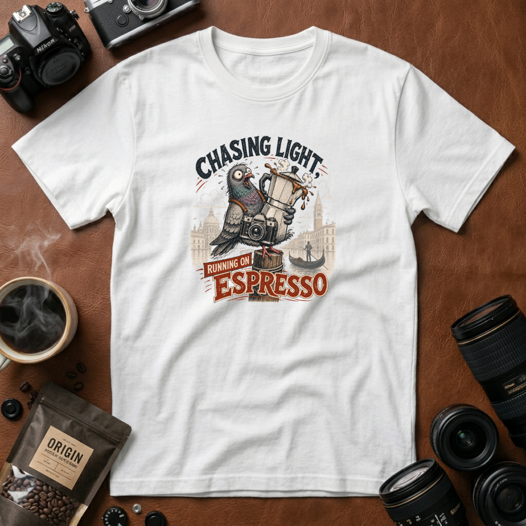 Chasing Light Running on Espresso Photographer T-Shirt | Funny Coffee Lover Camera Graphic Tee | Gift for Photographers