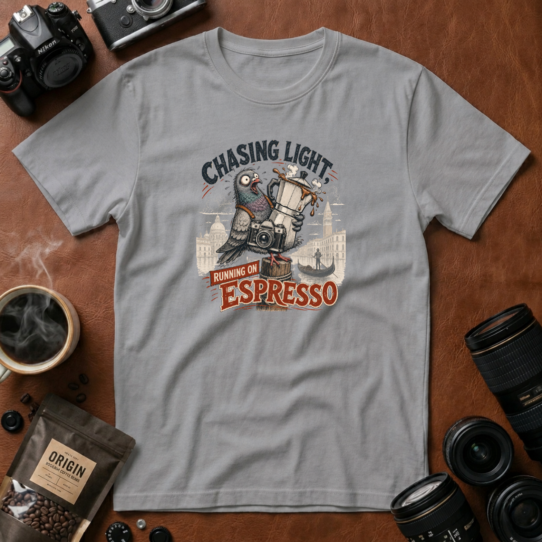 Chasing Light Running on Espresso Photographer T-Shirt | Funny Coffee Lover Camera Graphic Tee | Gift for Photographers
