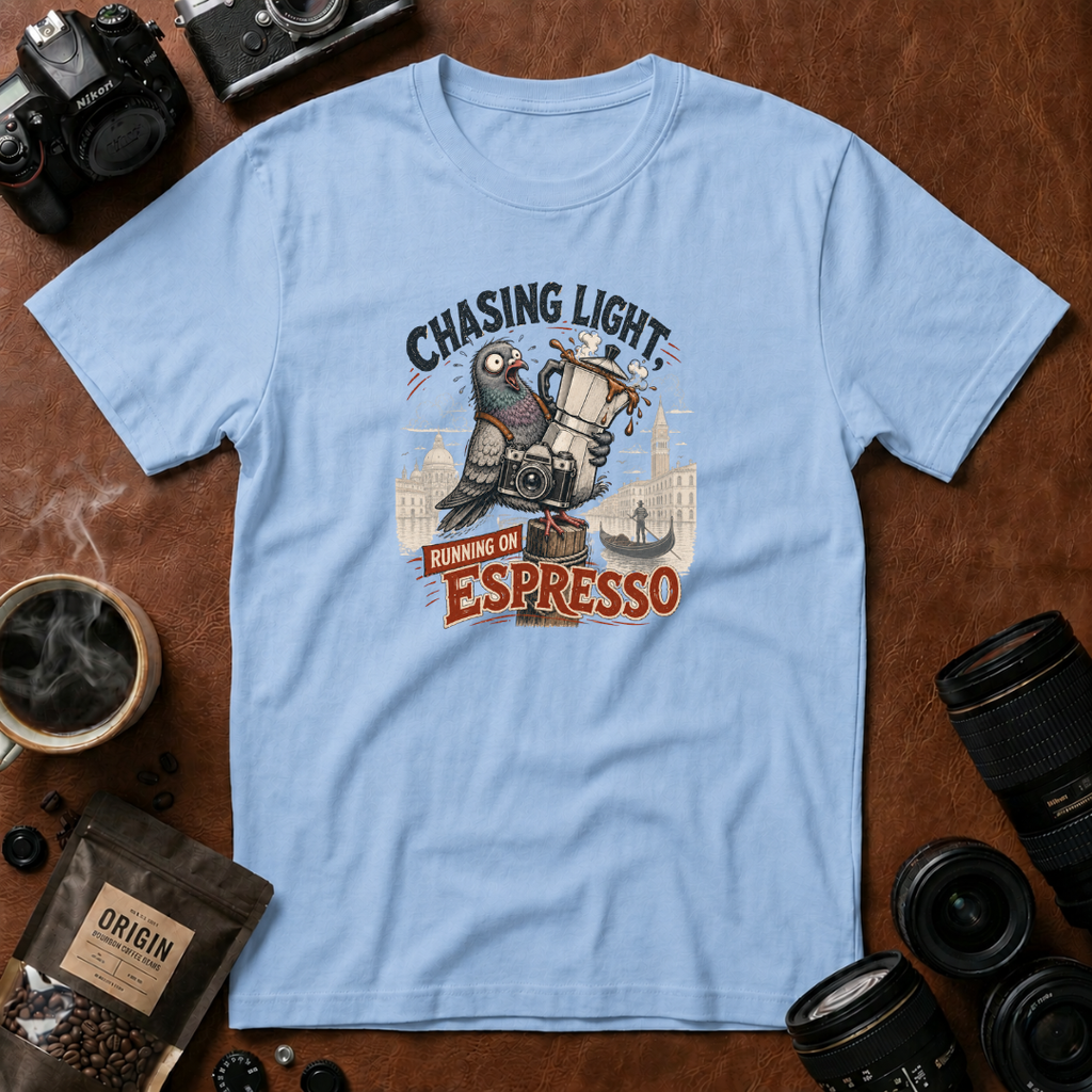 Chasing Light Running on Espresso Photographer T-Shirt | Funny Coffee Lover Camera Graphic Tee | Gift for Photographers