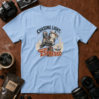 Chasing Light Running on Espresso Photographer T-Shirt | Funny Coffee Lover Camera Graphic Tee | Gift for Photographers