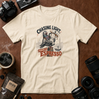 Chasing Light Running on Espresso Photographer T-Shirt | Funny Coffee Lover Camera Graphic Tee | Gift for Photographers