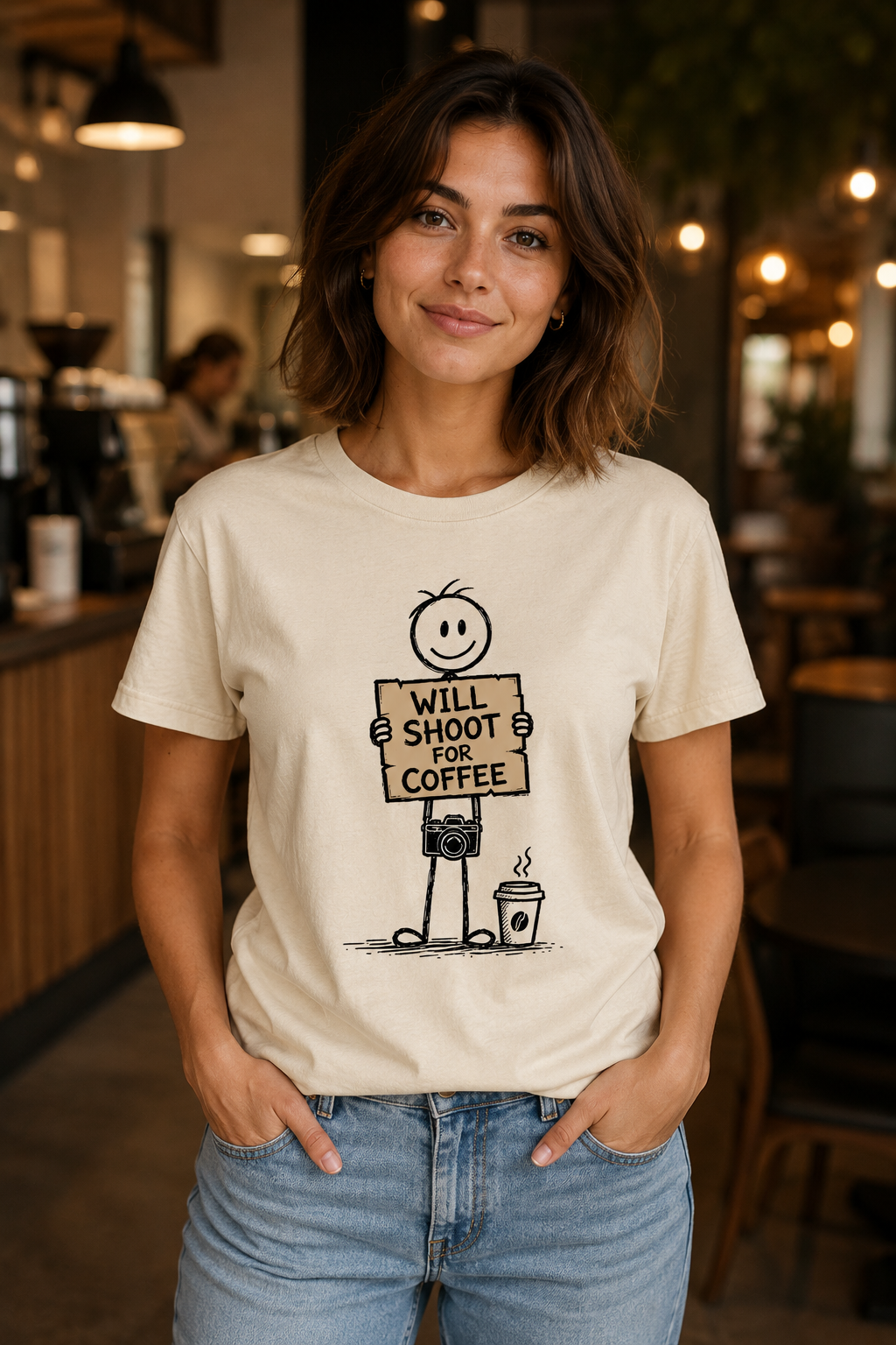 A woman wearing a cream-colored graphic t-shirt with a cartoon stick figure holding a sign that reads 'WILL SHOOT FOR COFFEE', paired with blue jeans, standing in a cozy, warmly lit coffee shop interior.