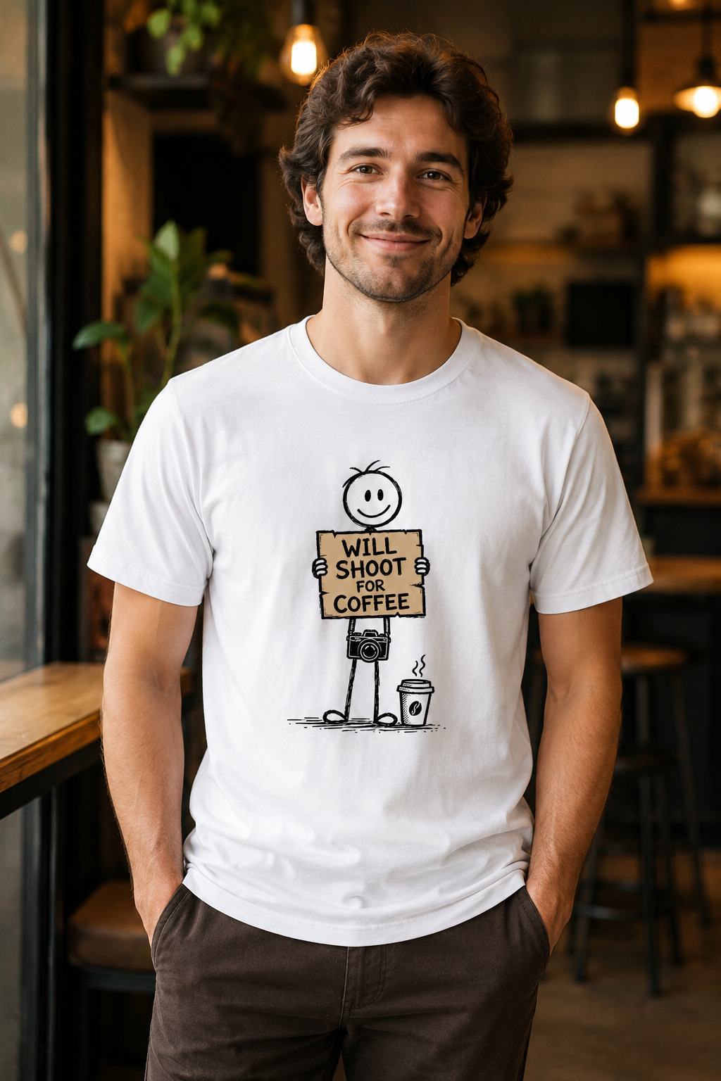 A man wearing a white graphic t-shirt with a cartoon stick figure holding a sign that reads 'WILL SHOOT OR COFFEE'. The background is a blurred cafe interior with warm lighting.
