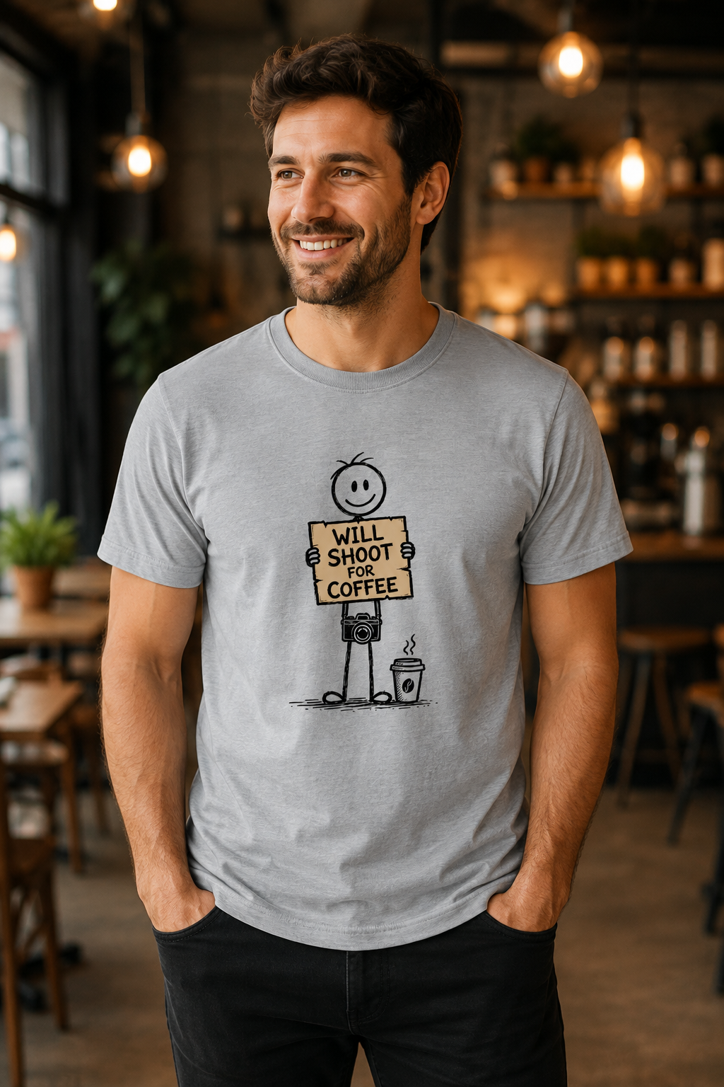 A man wearing a light gray t-shirt with a cartoon graphic of a stick figure holding a sign that reads 'WILL SHOOT FOR COFFEE'. The background is a blurred coffee shop interior with warm lighting.