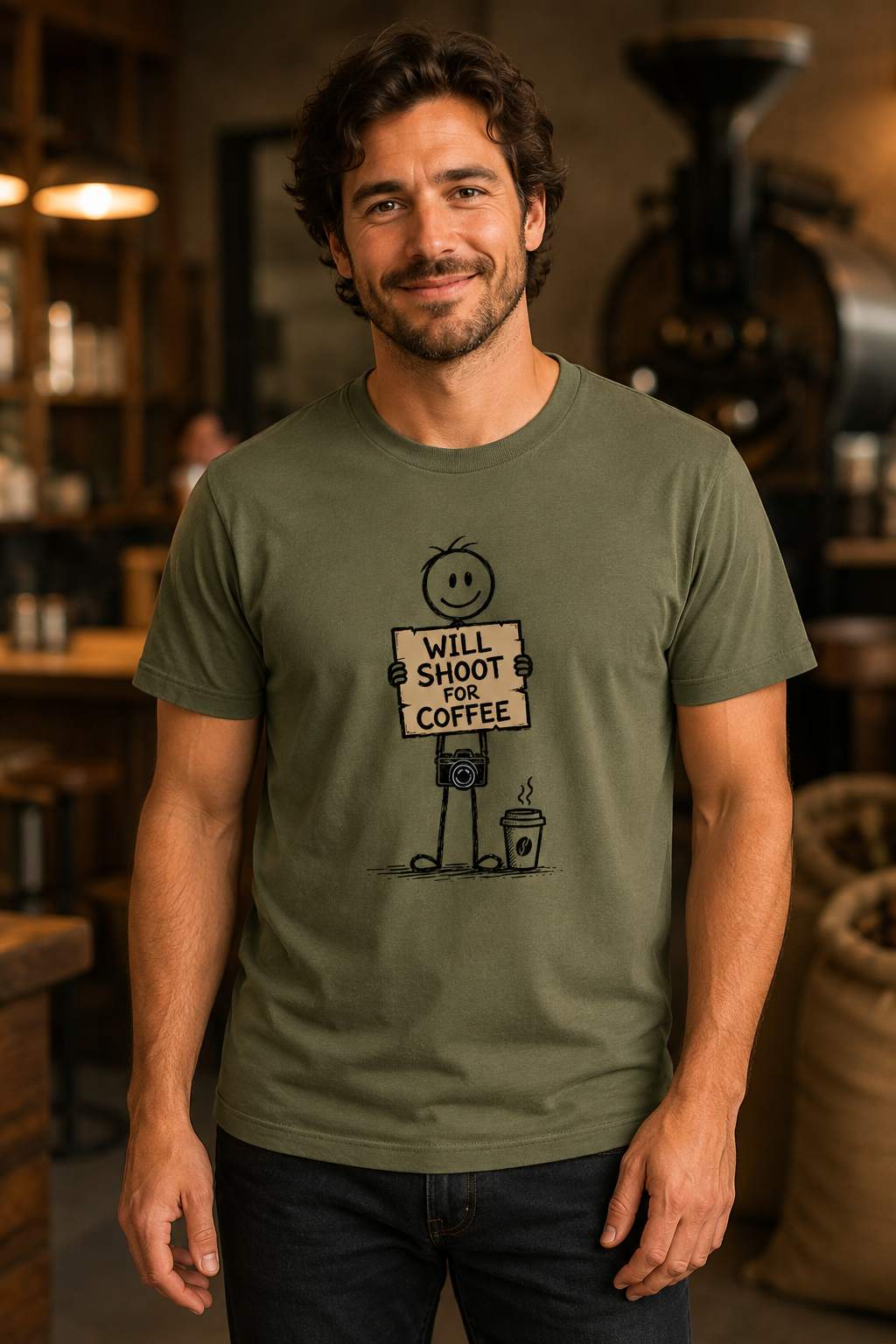 A man wearing an olive green graphic t-shirt with a cartoon stick figure holding a sign that reads 'WILL SHOOT FOR COFFEE'. The background is a warm, blurred coffee shop interior.