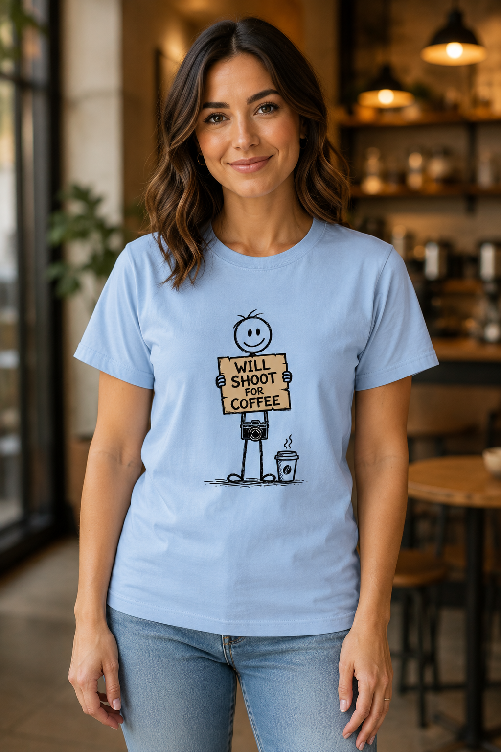 A woman wearing a light blue graphic t-shirt with a cartoon stick figure holding a sign that reads 'WILL SHOOT COFFEE' and a coffee cup, paired with blue jeans, standing in a cozy, softly blurred cafe interior.