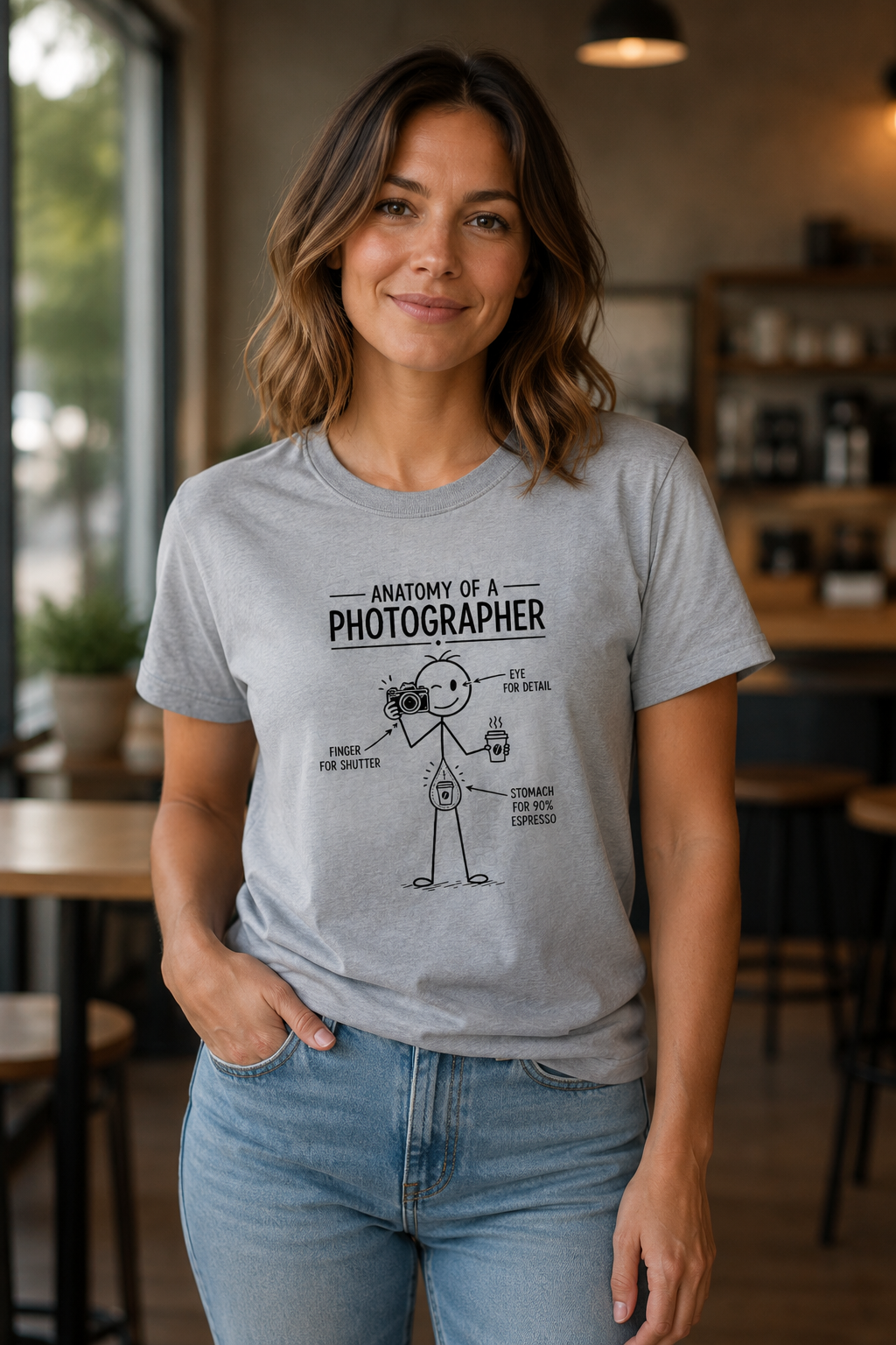 A woman wearing a light gray graphic t-shirt with a black line art illustration titled 'Anatomy of a Photographer' and blue jeans, standing in a cozy, softly lit cafe interior.