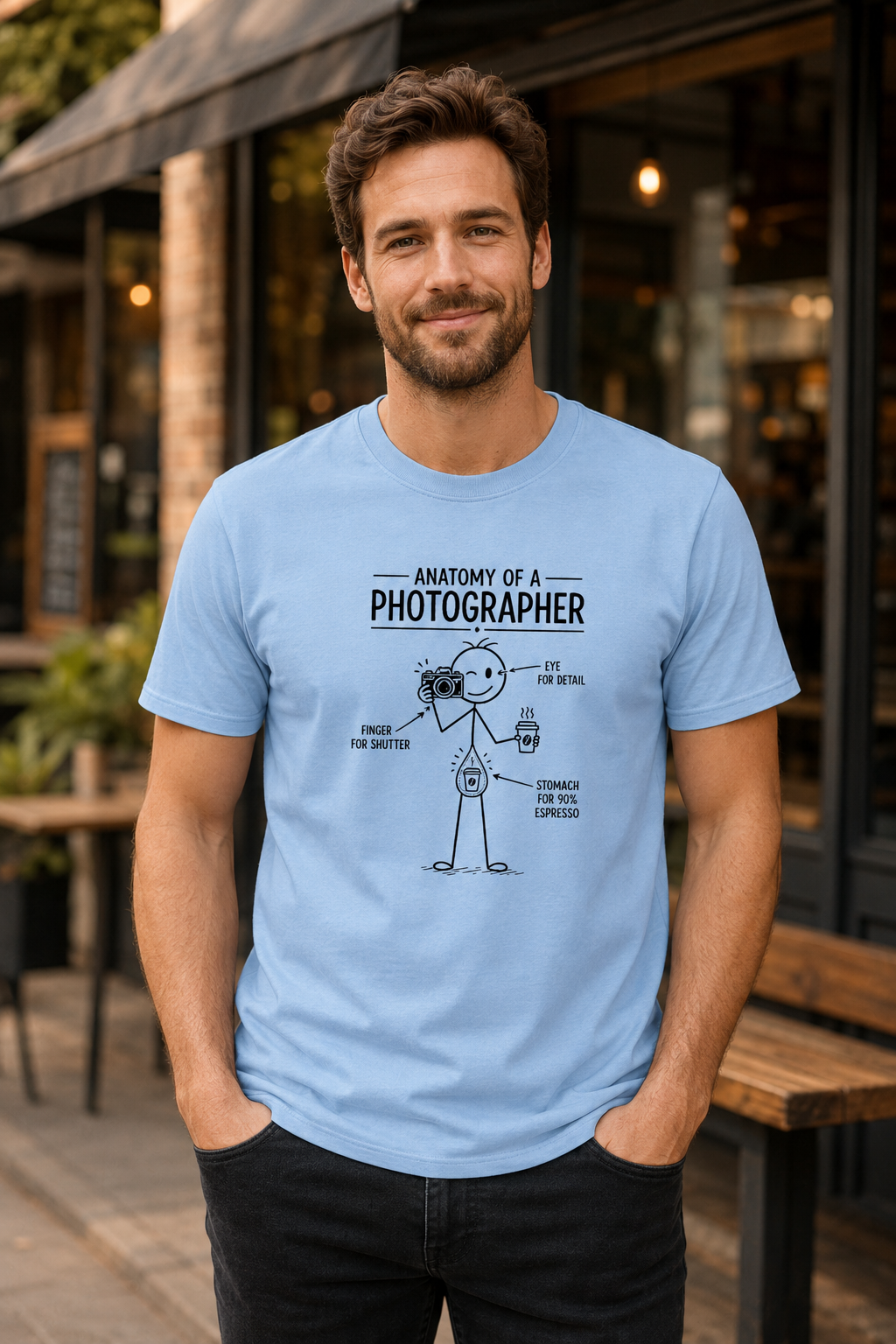 A man wearing a light blue graphic t-shirt with a black line art illustration titled 'ANATOMY OF A PHOTOGRAPHER' on the chest, standing outdoors in front of a cafe.